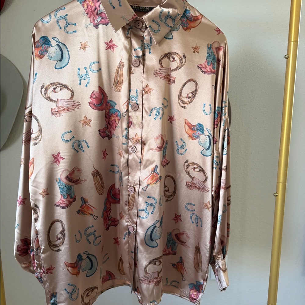 Silky Western-Print Button-Down Shirt